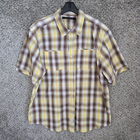 Sean John Shirt Mens 3XL XXXL Yellow Plaid‎ Button Up Short Sleeve Cotton Casual - Picture 1 of 8